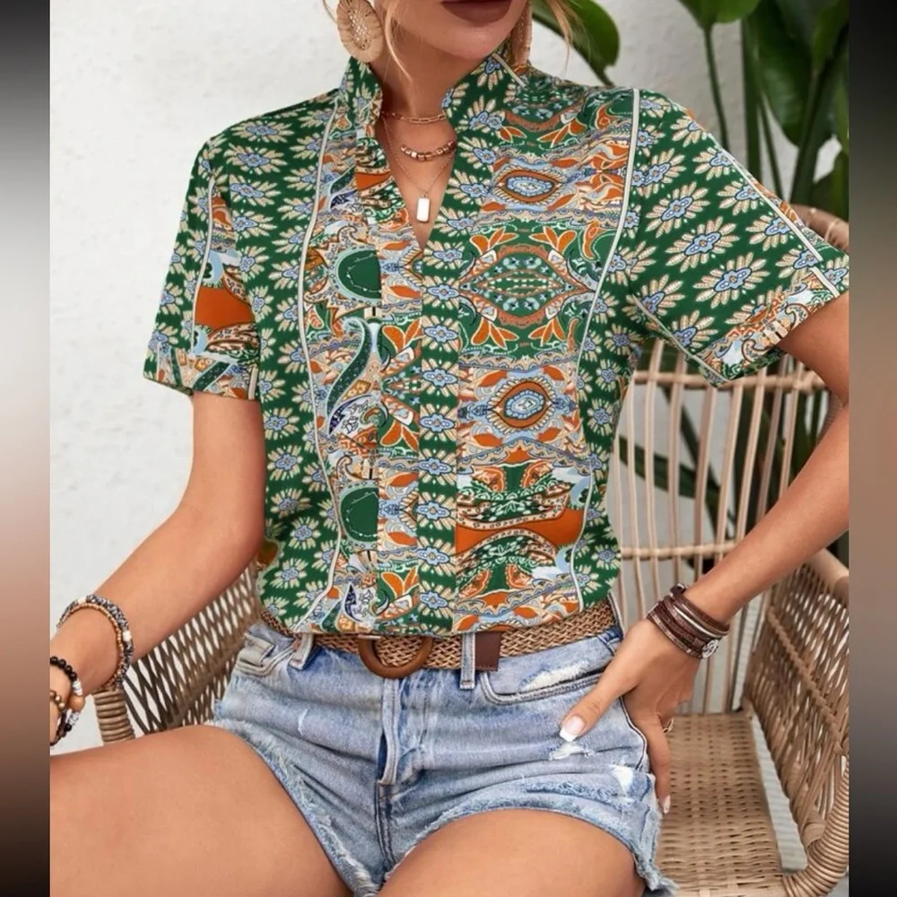 Boho Floral Paisley Print Top Blouse Shirt GREEN - Picture 4 of 5